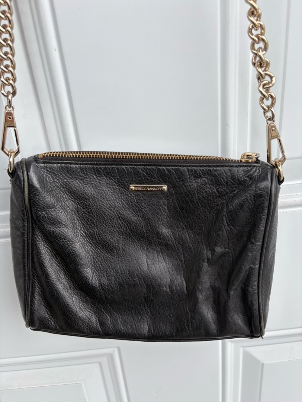 Rebecca Minkoff Black Leather Crossbody with Gold Chain - Picture 2 of 4